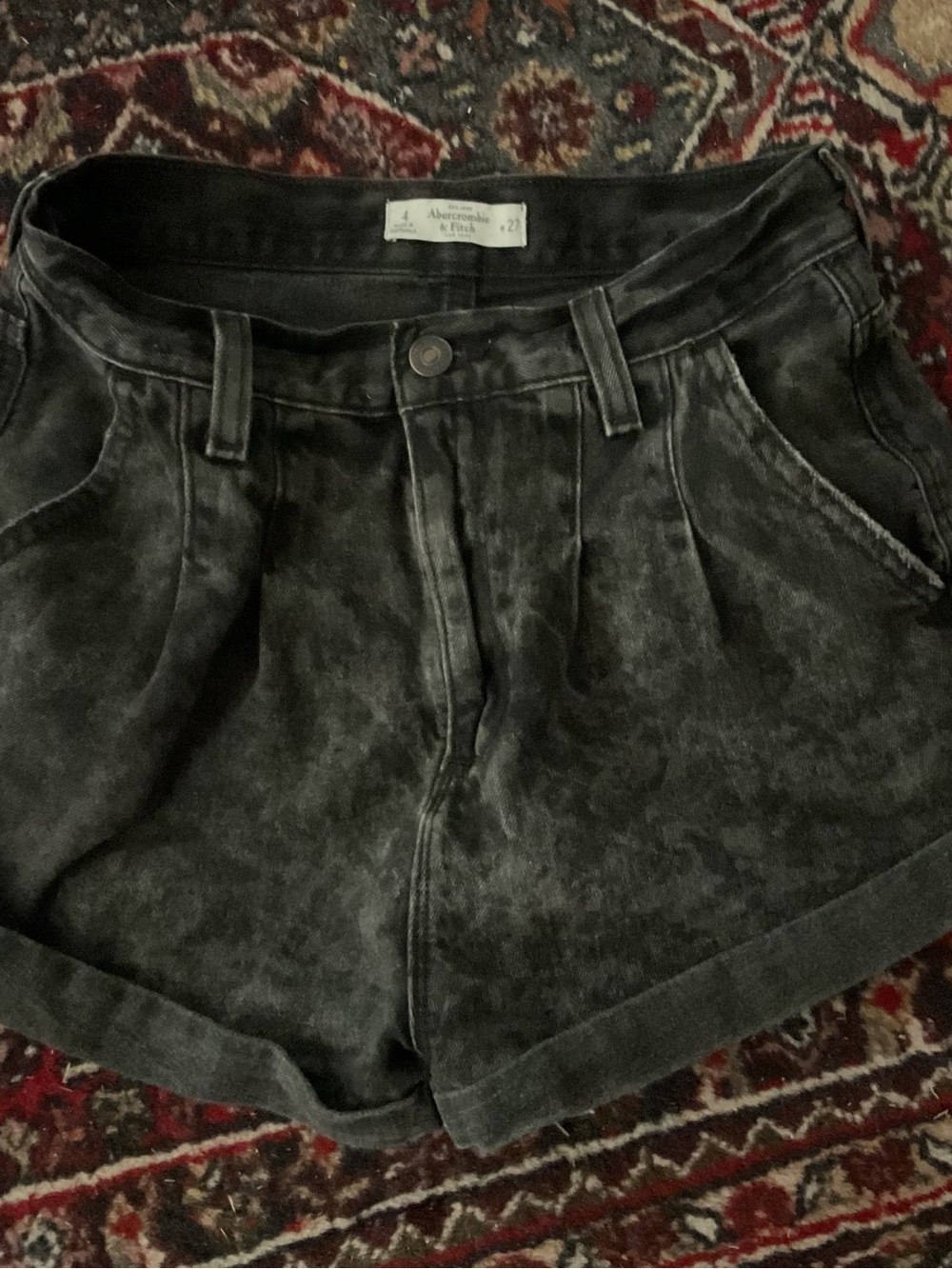 Abercrombie & Fitch Washed Black Denim Pleated High-Rise Shorts